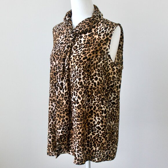 Tahari Brown Leopard Print Scarf Bow Sleeveless Blouse Top Medium - Picture 3 of 6